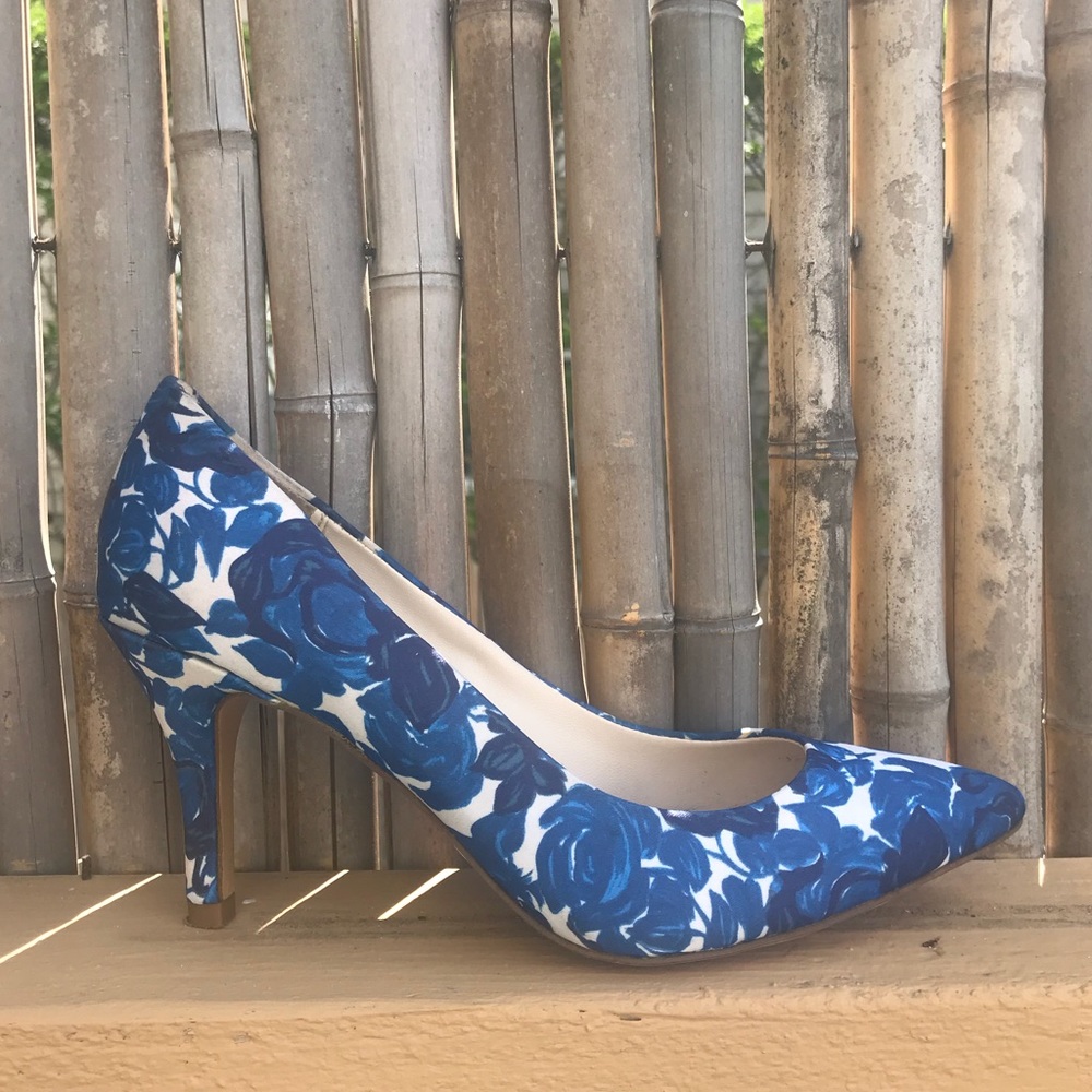 C. Wonder Heels in White with Blue Roses
